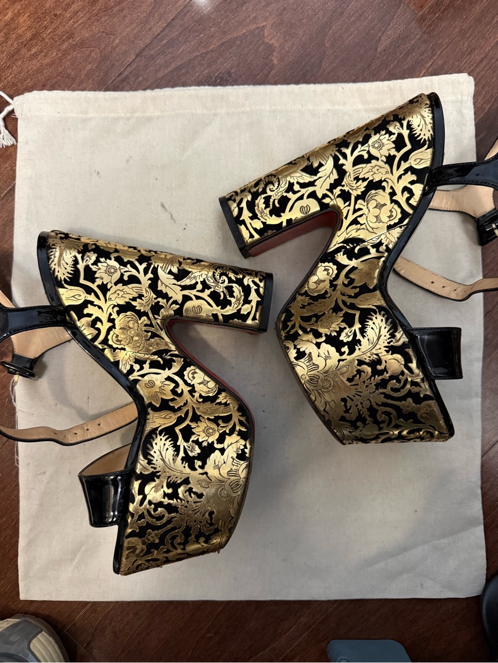 Christian Louboutin Black and Gold Brocade Platform Heels